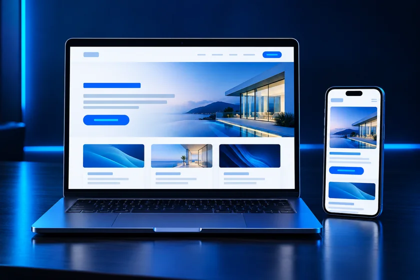 Ilustração realista de site adaptado para notebook e smartphone