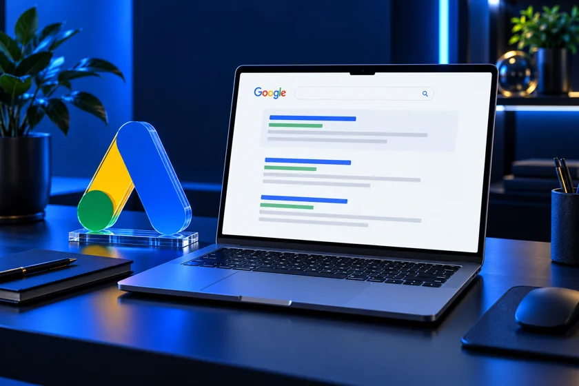 Ilustração realista de notebook com pesquisa e símbolo do Google Ads