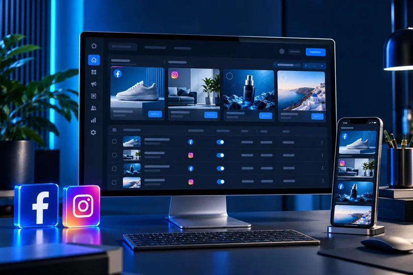 Ilustração realista de computador e celular com referências ao Facebook e Instagram